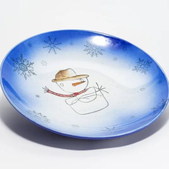 Beaver Farm Pottery Cowboy Snowman Bowl | 15" Ceramic Holiday Serving Bowl Blue - Picture 1 of 1